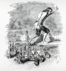 Gulliver stjæler den blefuscudiske flåde, illustration fra 